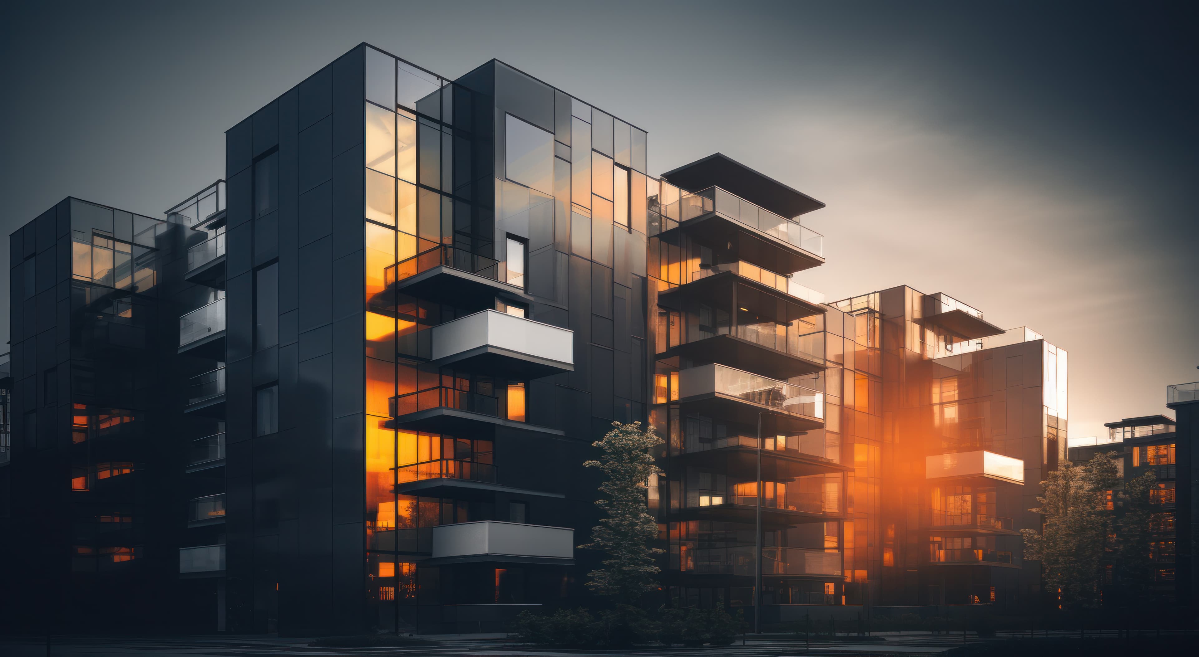 Modern apartment complex at sunset