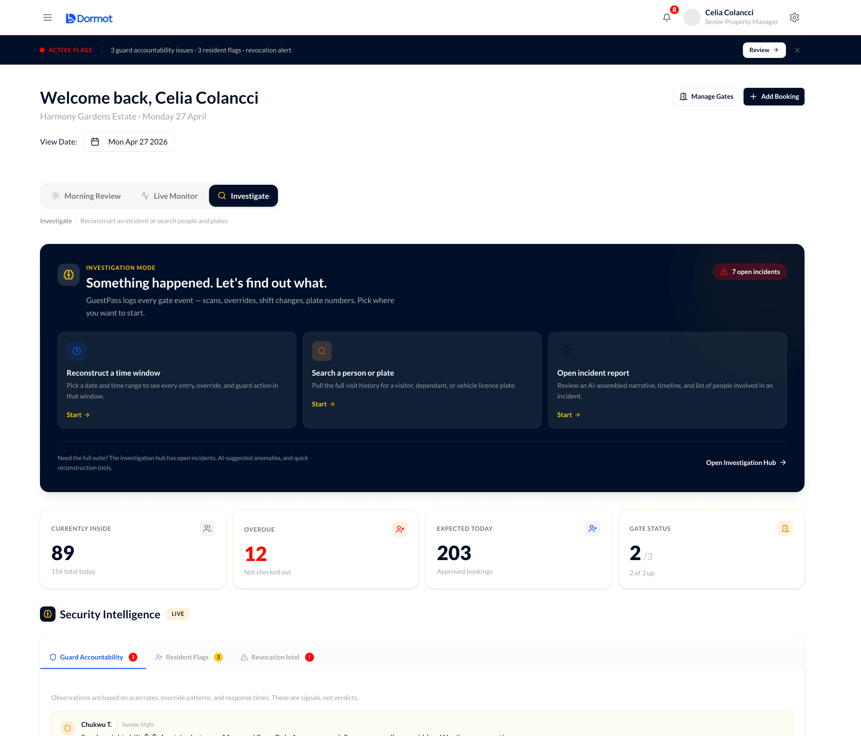 GuestPass Security Dashboard — Investigate view showing guard accountability, resident flags and gate status