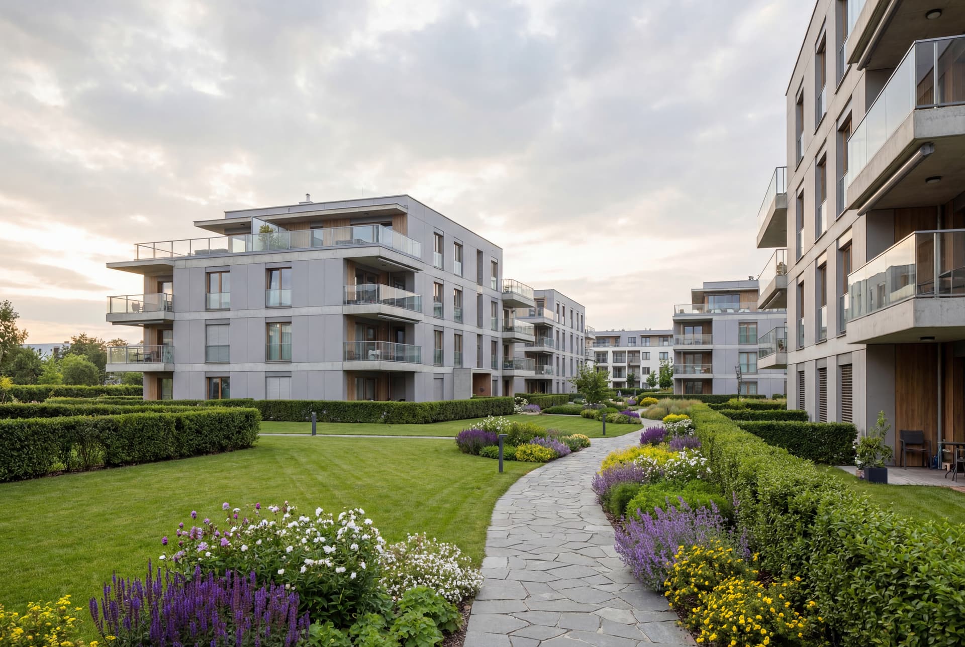 Modern residential apartment complex with landscaped courtyard